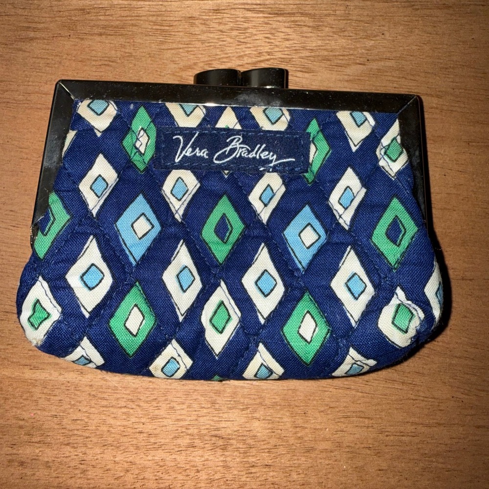 Vera Bradley Lapis Diamond Quilted Cotton Kisslock Coin Purse Navy Blue Green